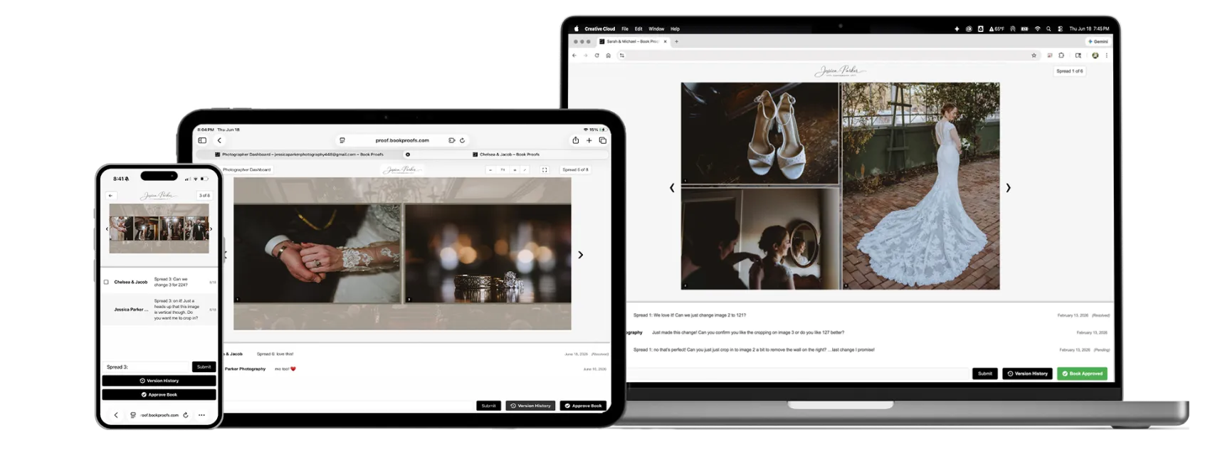 Client Proofing shown on a MacBook, iPad, and phone