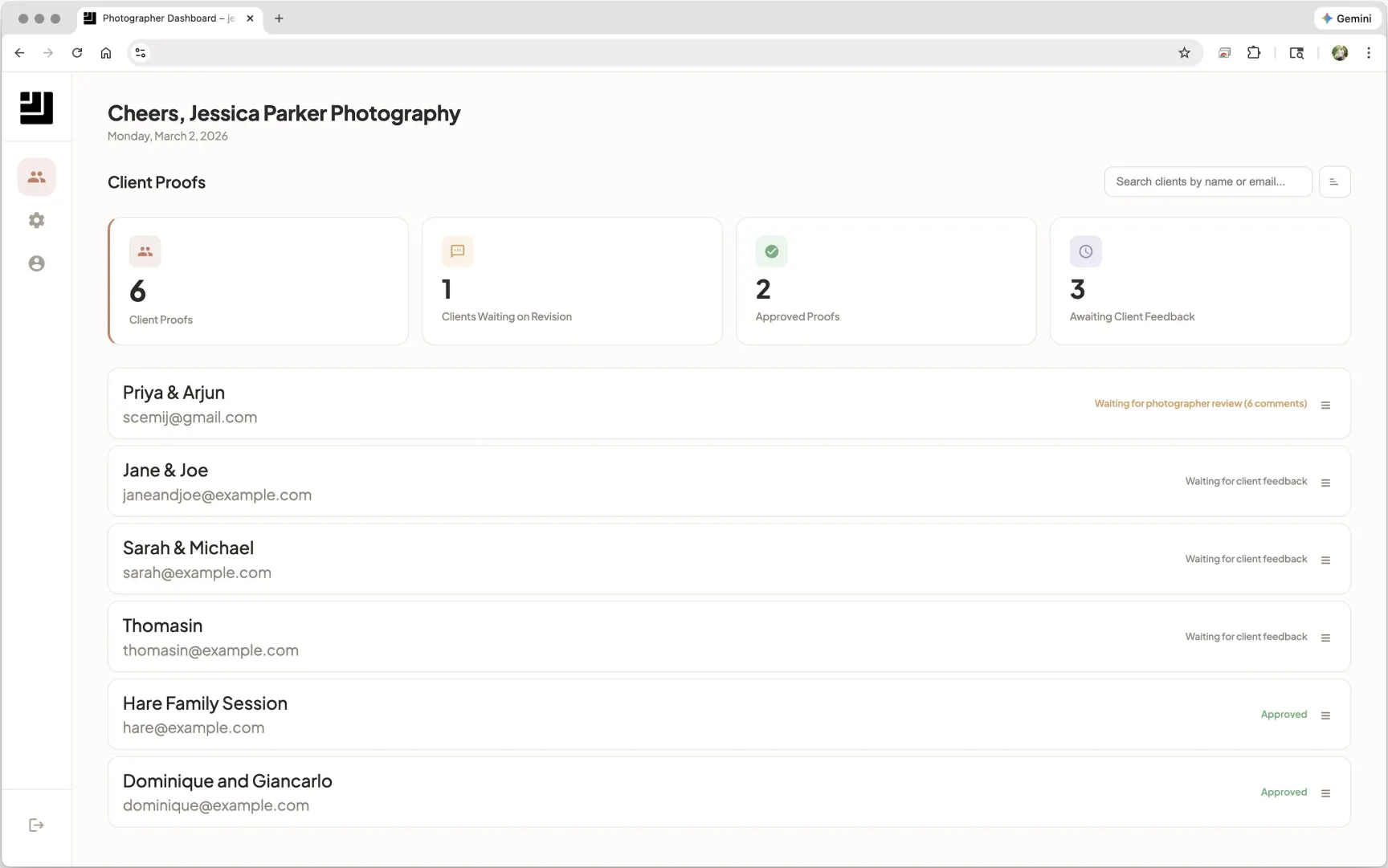 Photographer dashboard managing client proofs